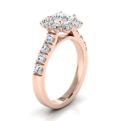 14K Rose Gold Cushion Diamond Luxe Style French Pave Halo Engagement Ring -1-1/10ctw
