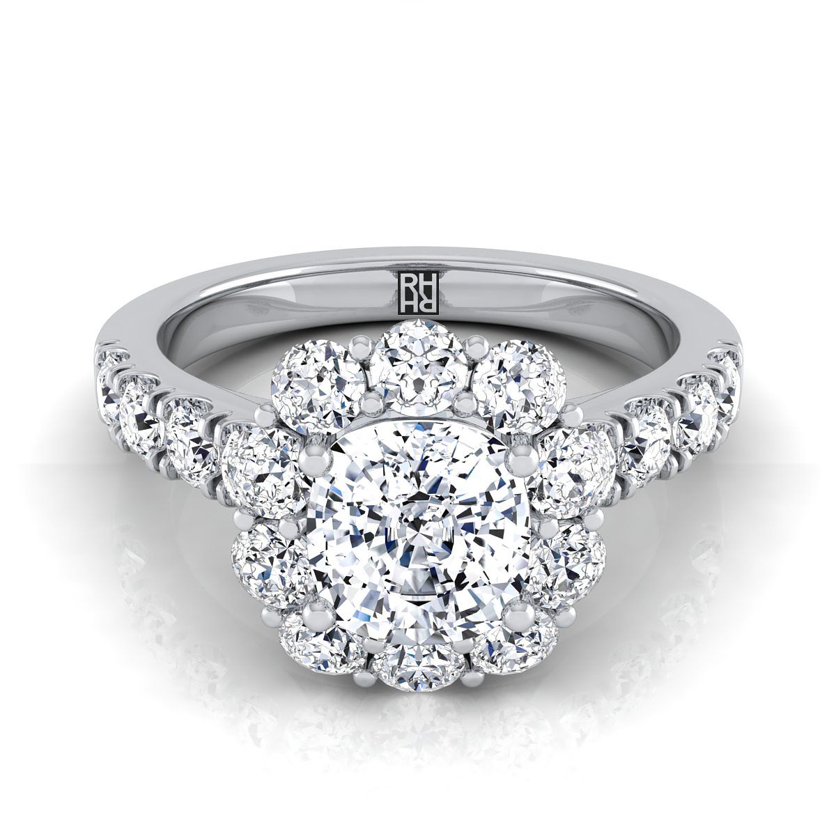 Platinum Cushion Diamond Luxe Style French Pave Halo Engagement Ring -1-1/10ctw