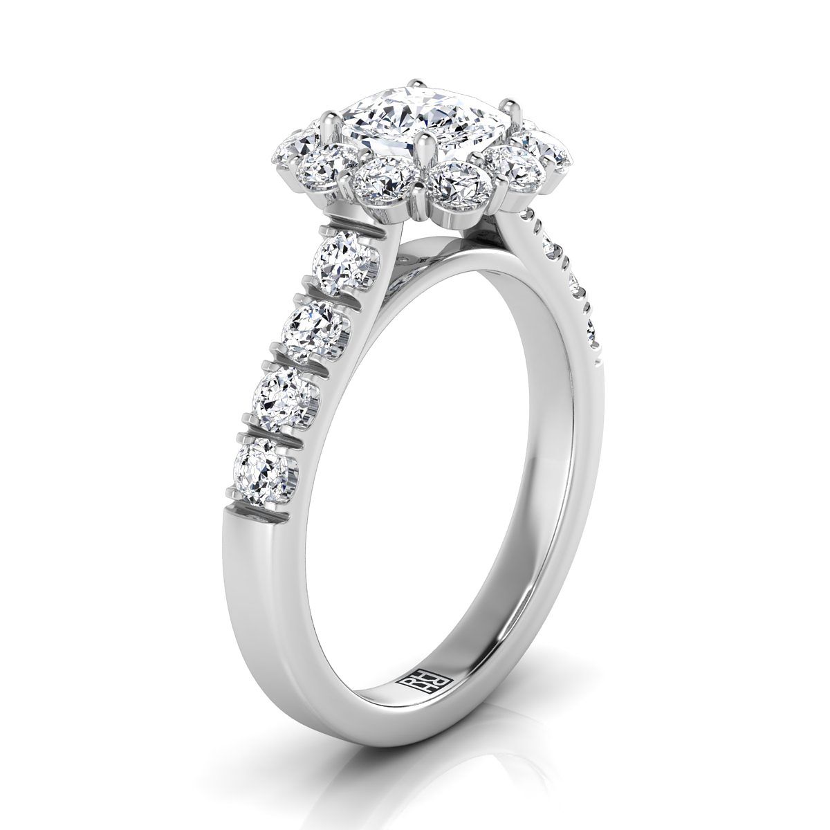 18K White Gold Cushion Diamond Luxe Style French Pave Halo Engagement Ring -1-1/10ctw