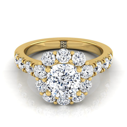 14K Yellow Gold Cushion Diamond Luxe Style French Pave Halo Engagement Ring -1-1/10ctw