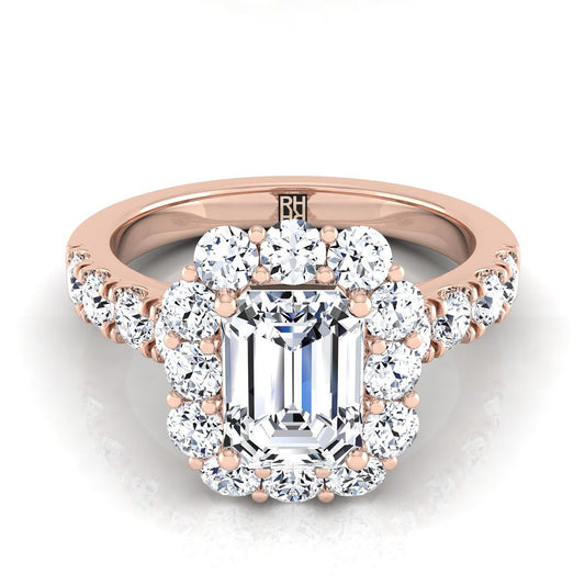 14K Rose Gold Emerald Cut Diamond Luxe Style French Pave Halo Engagement Ring -1-1/10ctw