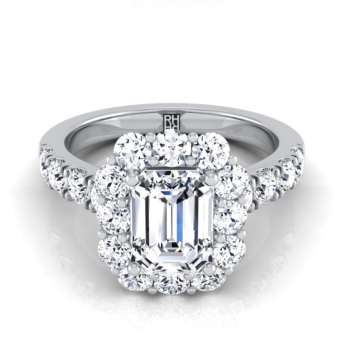 Platinum Emerald Cut Diamond Luxe Style French Pave Halo Engagement Ring -1-1/10ctw