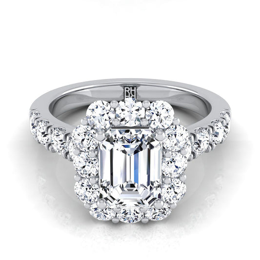 18K White Gold Emerald Cut Diamond Luxe Style French Pave Halo Engagement Ring -1-1/10ctw