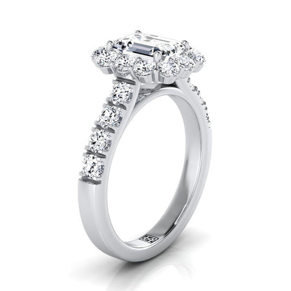 Platinum Emerald Cut Diamond Luxe Style French Pave Halo Engagement Ring -1-1/10ctw