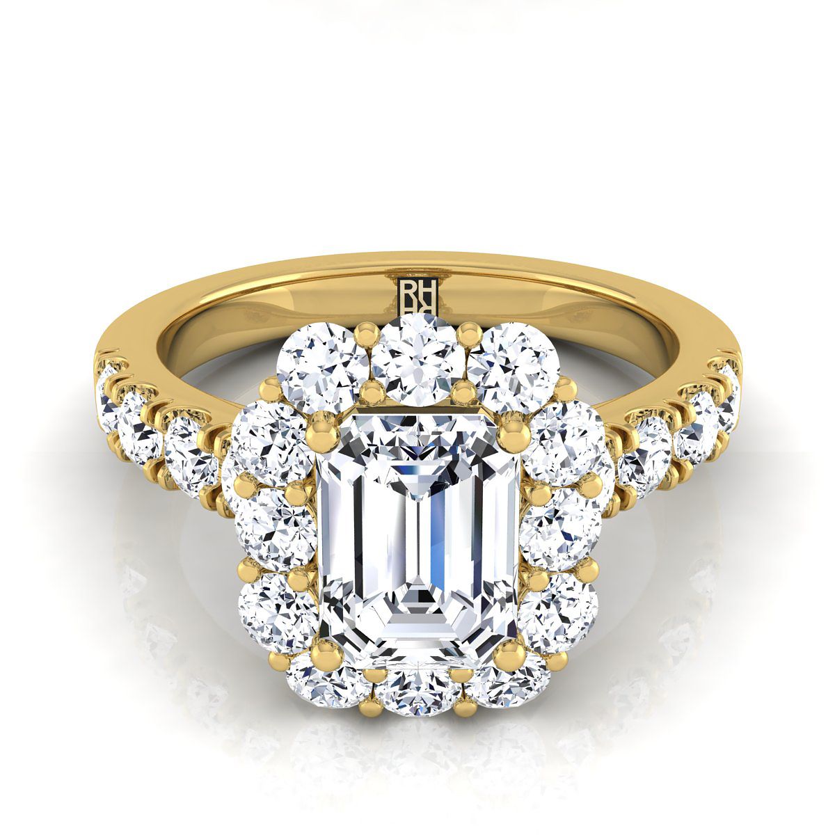 14K Yellow Gold Emerald Cut Diamond Luxe Style French Pave Halo Engagement Ring -1-1/10ctw