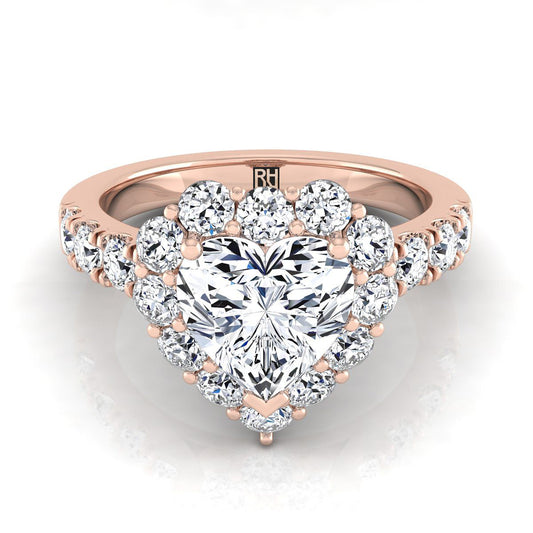 14K Rose Gold Heart Shape Center Diamond Luxe Style French Pave Halo Engagement Ring -1-1/10ctw