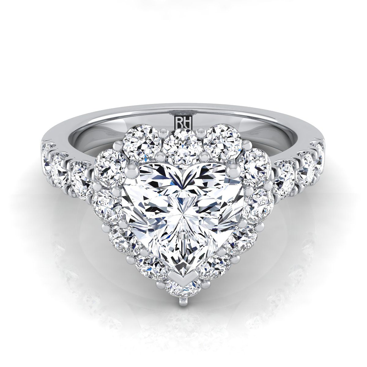 Platinum Heart Shape Center Diamond Luxe Style French Pave Halo Engagement Ring -1-1/10ctw