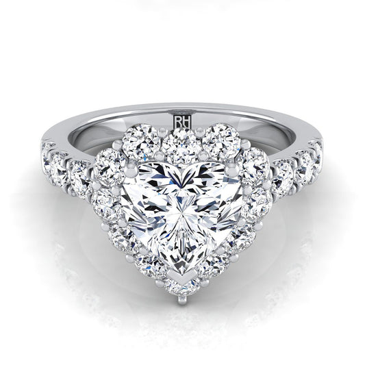 Platinum Heart Shape Center Diamond Luxe Style French Pave Halo Engagement Ring -1-1/10ctw