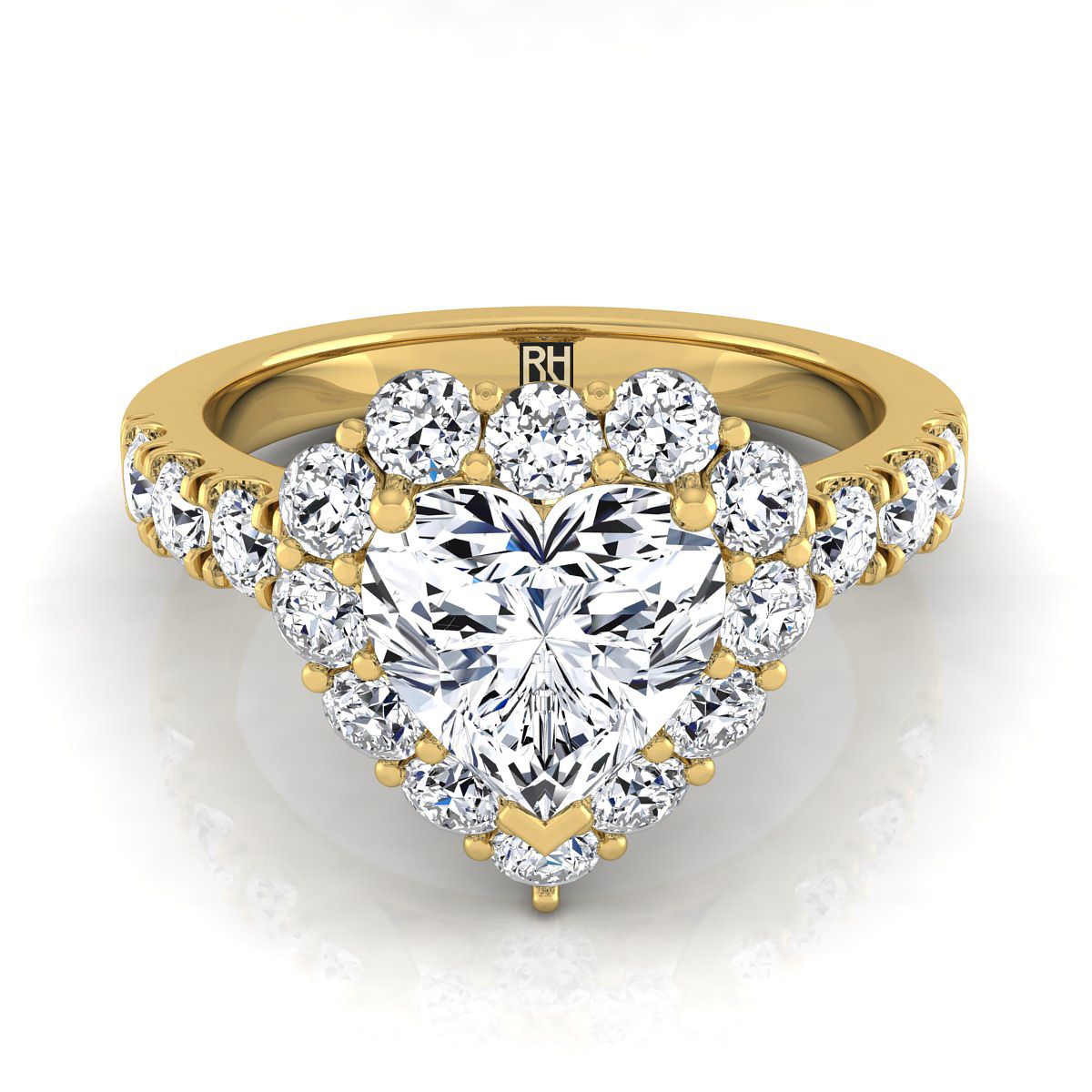 14K Yellow Gold Heart Shape Center Diamond Luxe Style French Pave Halo Engagement Ring -1-1/10ctw