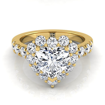 14K Yellow Gold Heart Shape Center Diamond Luxe Style French Pave Halo Engagement Ring -1-1/10ctw