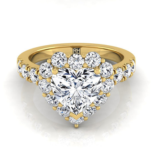 18K Yellow Gold Heart Shape Center Diamond Luxe Style French Pave Halo Engagement Ring -1-1/10ctw