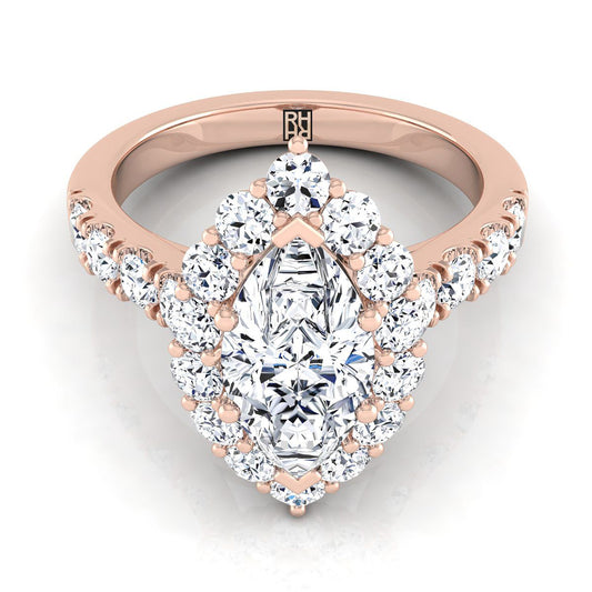 14K Rose Gold Marquise  Diamond Luxe Style French Pave Halo Engagement Ring -1-1/10ctw