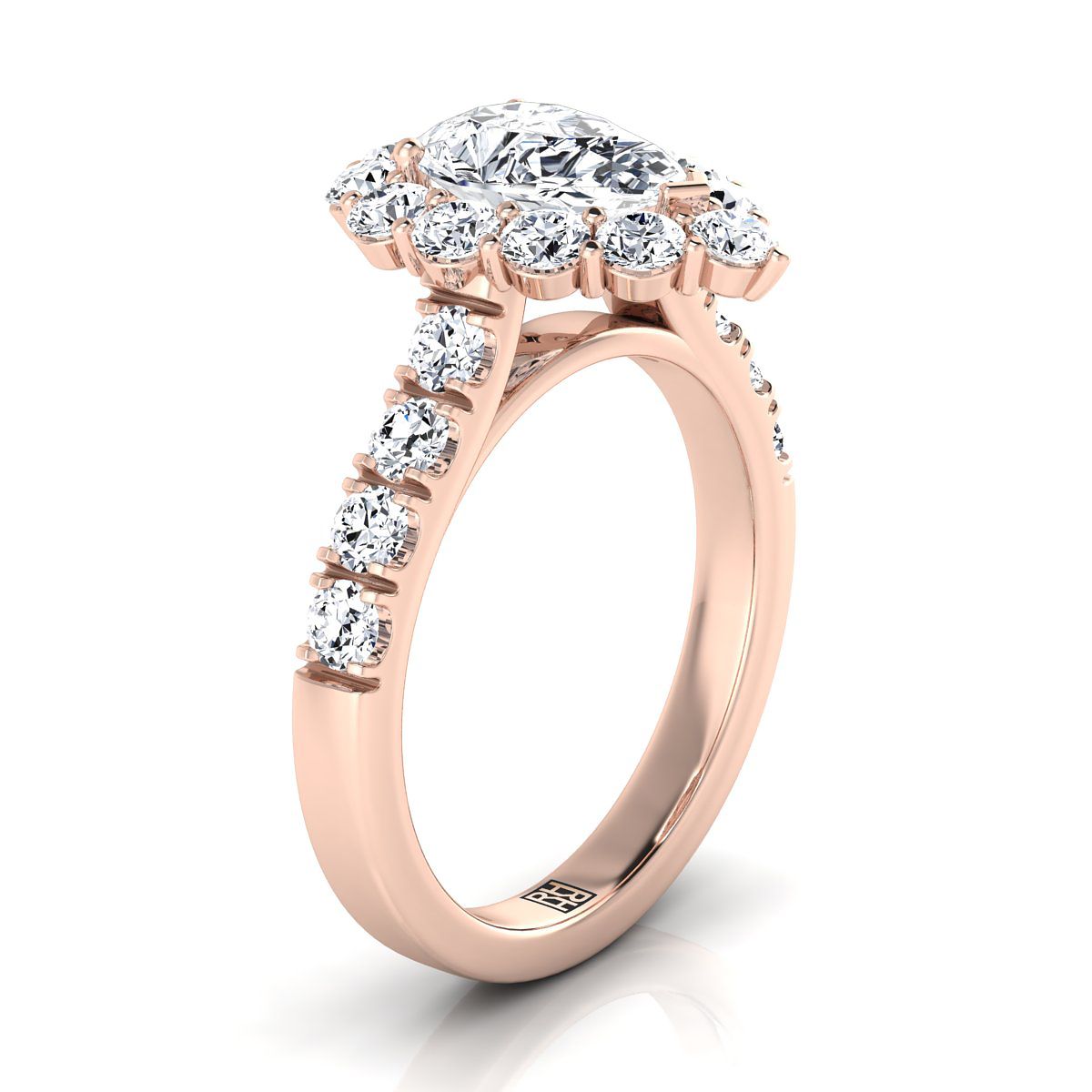 14K Rose Gold Pear Shape Center Diamond Luxe Style French Pave Halo Engagement Ring -1-1/10ctw