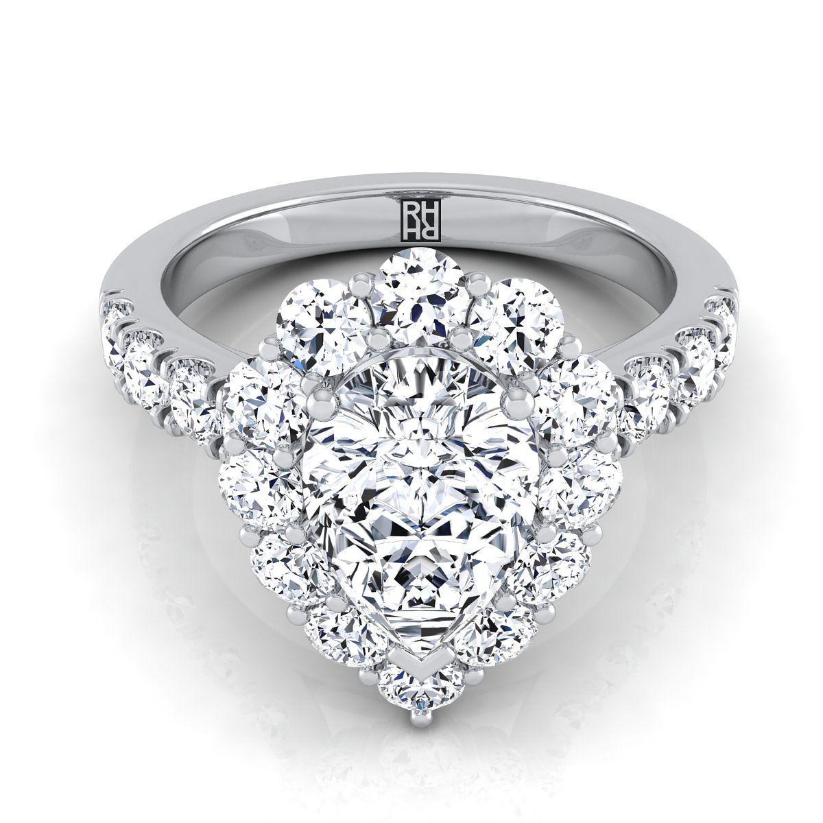 Platinum Pear Shape Center Diamond Luxe Style French Pave Halo Engagement Ring -1-1/10ctw