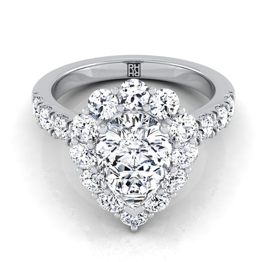 18K White Gold Pear Shape Center Diamond Luxe Style French Pave Halo Engagement Ring -1-1/10ctw