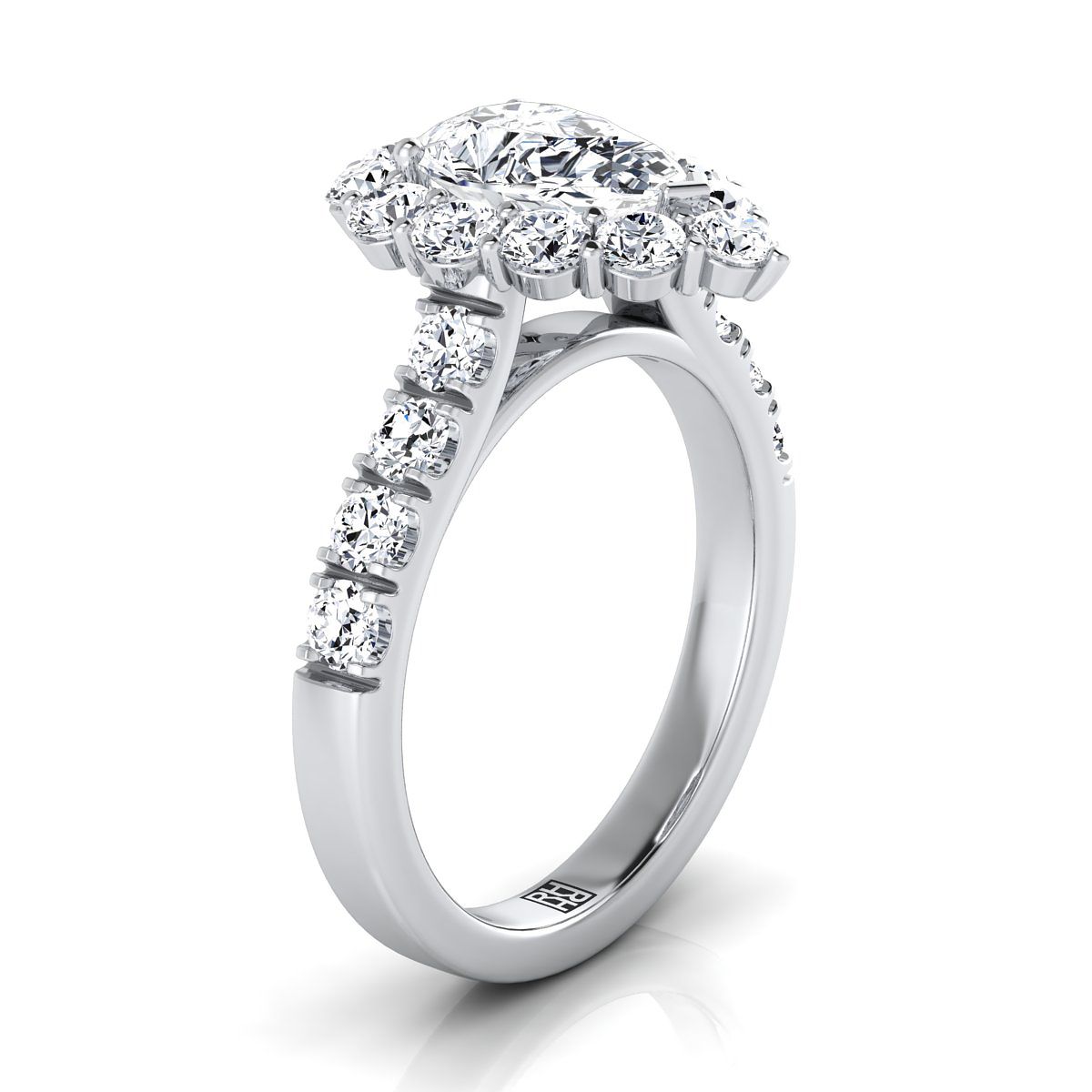 Platinum Pear Shape Center Diamond Luxe Style French Pave Halo Engagement Ring -1-1/10ctw