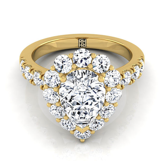 18K Yellow Gold Pear Shape Center Diamond Luxe Style French Pave Halo Engagement Ring -1-1/10ctw