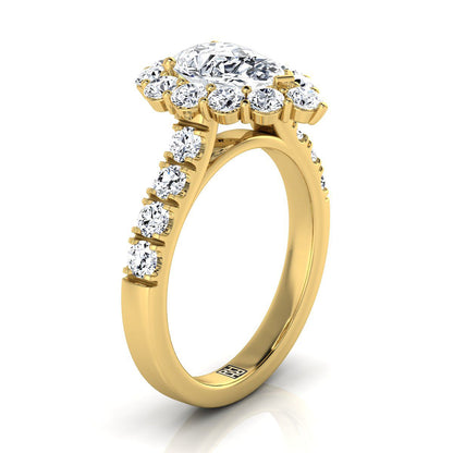 14K Yellow Gold Pear Shape Center Diamond Luxe Style French Pave Halo Engagement Ring -1-1/10ctw