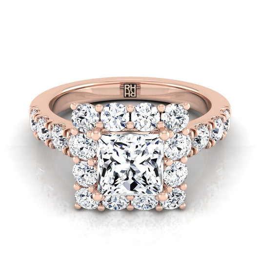 14K Rose Gold Princess Cut Diamond Luxe Style French Pave Halo Engagement Ring -1-1/10ctw