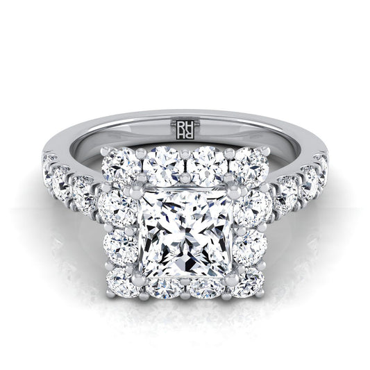 14K White Gold Princess Cut Diamond Luxe Style French Pave Halo Engagement Ring -1-1/10ctw