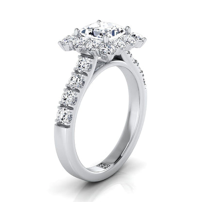 Platinum Princess Cut Diamond Luxe Style French Pave Halo Engagement Ring -1-1/10ctw