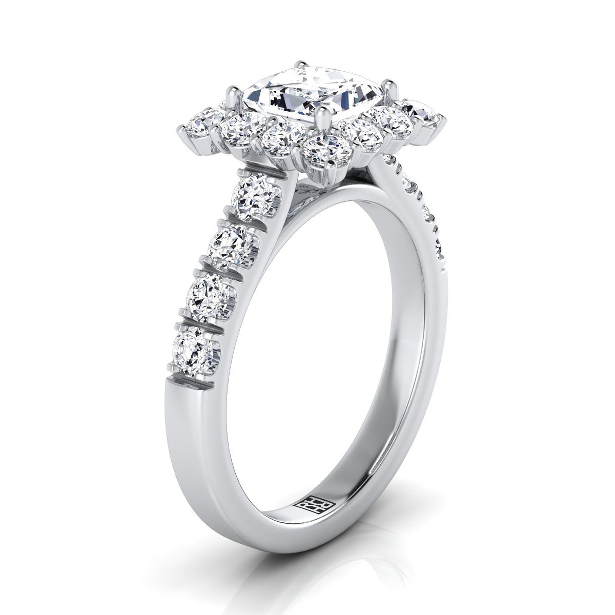 18K White Gold Princess Cut Diamond Luxe Style French Pave Halo Engagement Ring -1-1/10ctw