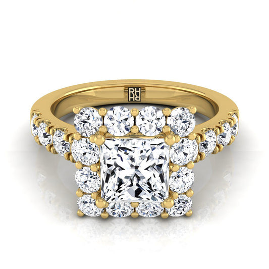14K Yellow Gold Princess Cut Diamond Luxe Style French Pave Halo Engagement Ring -1-1/10ctw