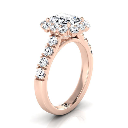 14K Rose Gold Radiant Cut Center Diamond Luxe Style French Pave Halo Engagement Ring -1-1/10ctw