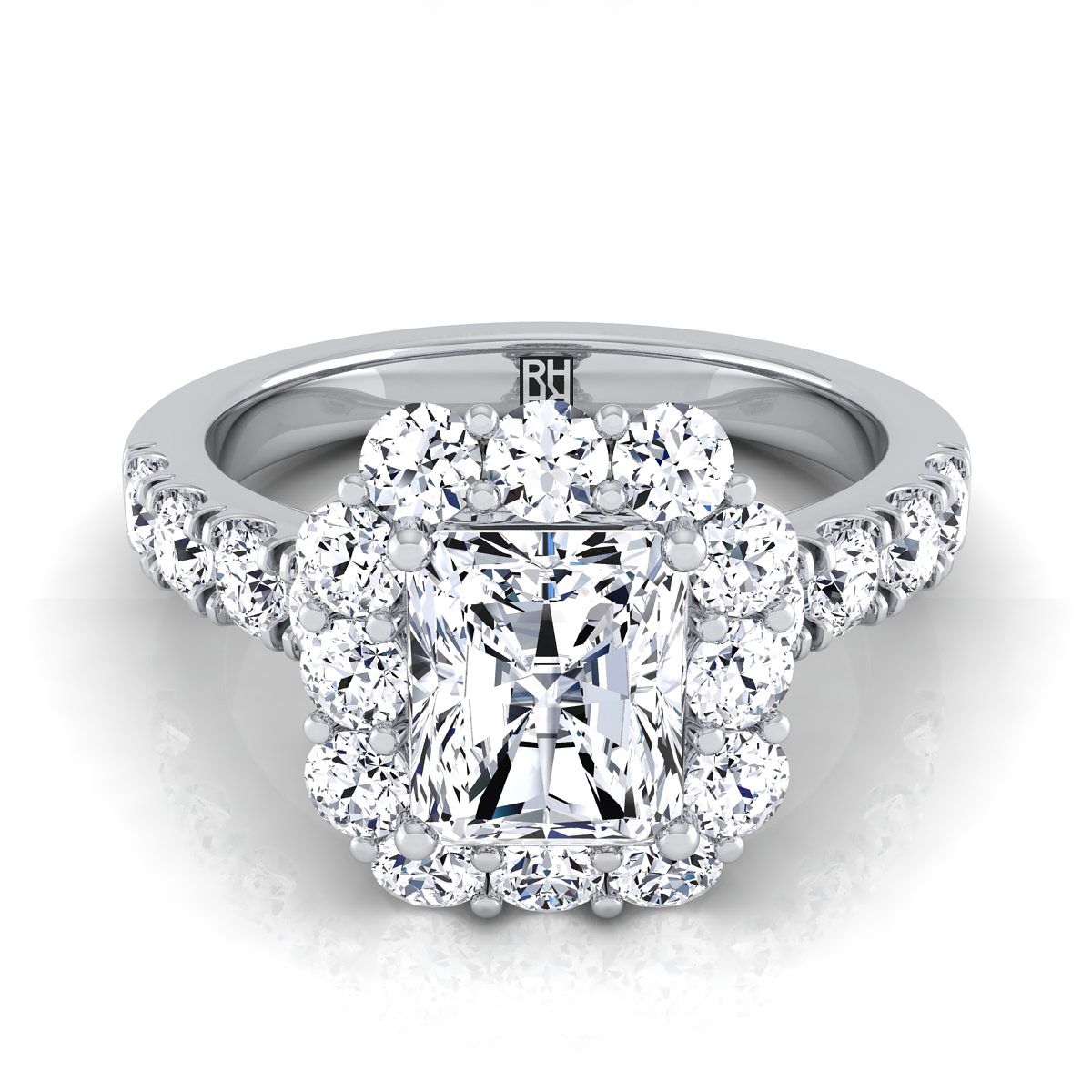 Platinum Radiant Cut Center Diamond Luxe Style French Pave Halo Engagement Ring -1-1/10ctw