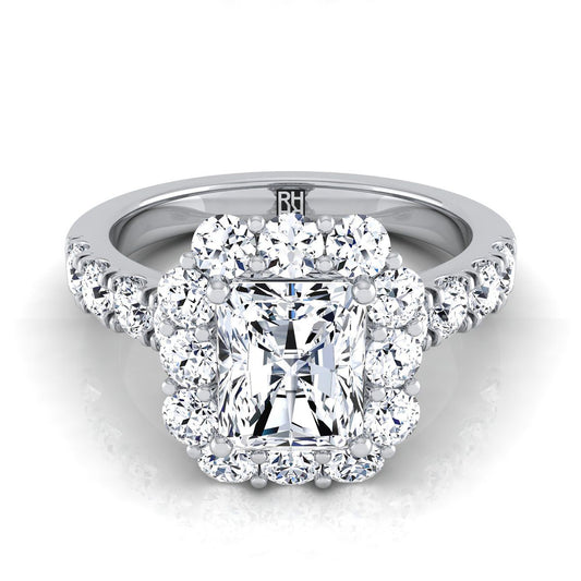 18K White Gold Radiant Cut Center Diamond Luxe Style French Pave Halo Engagement Ring -1-1/10ctw