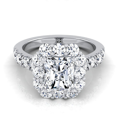 14K White Gold Radiant Cut Center Diamond Luxe Style French Pave Halo Engagement Ring -1-1/10ctw