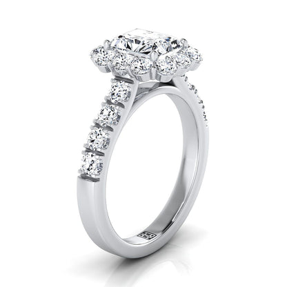18K White Gold Radiant Cut Center Diamond Luxe Style French Pave Halo Engagement Ring -1-1/10ctw