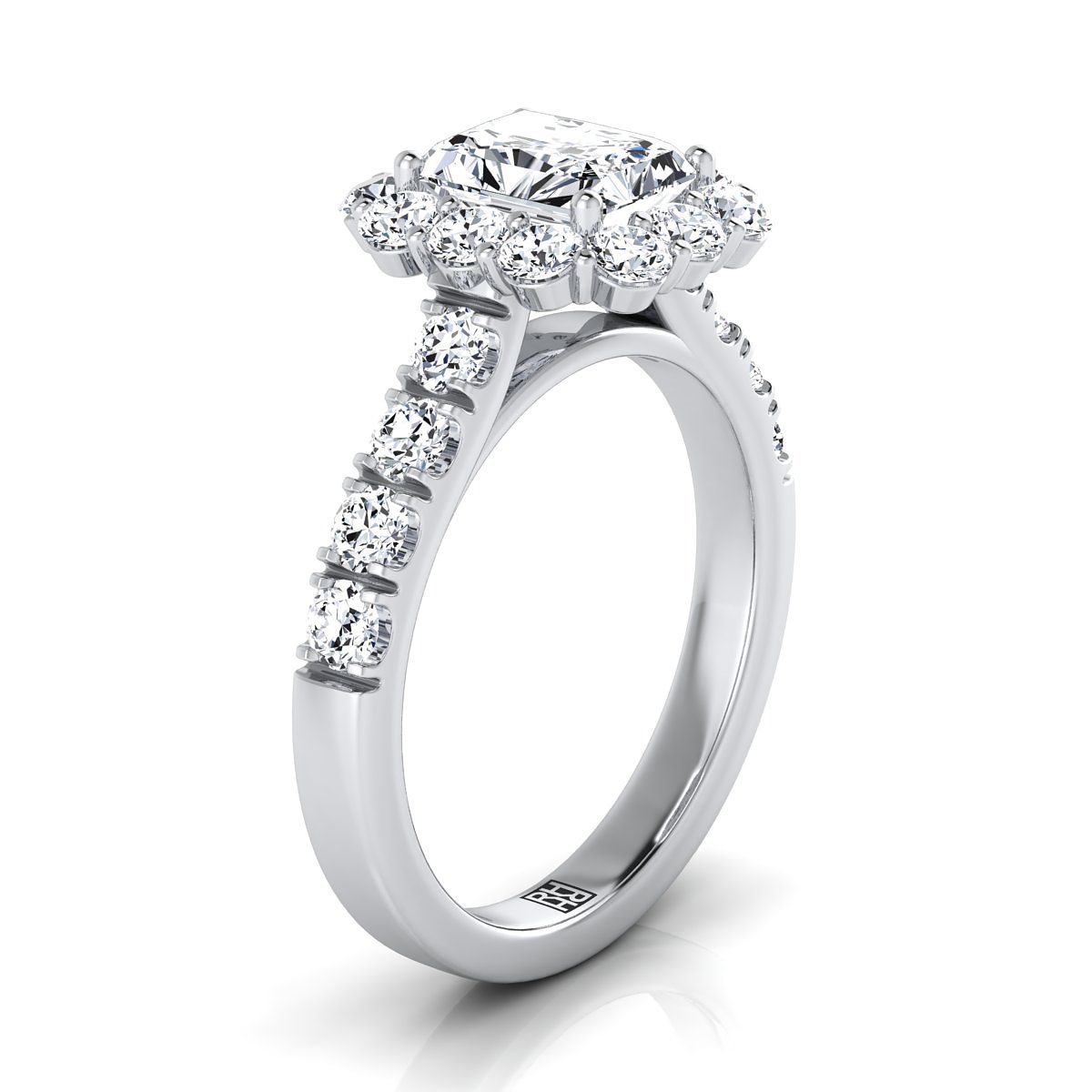 14K White Gold Radiant Cut Center Diamond Luxe Style French Pave Halo Engagement Ring -1-1/10ctw
