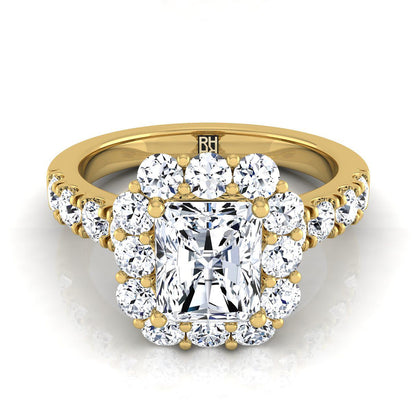 14K Yellow Gold Radiant Cut Center Diamond Luxe Style French Pave Halo Engagement Ring -1-1/10ctw