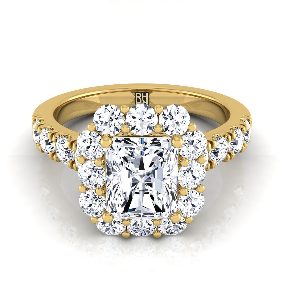 18K Yellow Gold Radiant Cut Center Diamond Luxe Style French Pave Halo Engagement Ring -1-1/10ctw