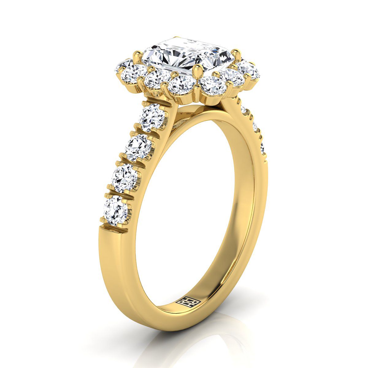 18K Yellow Gold Radiant Cut Center Diamond Luxe Style French Pave Halo Engagement Ring -1-1/10ctw