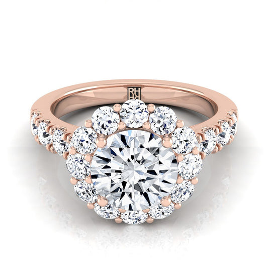 14K Rose Gold Round Brilliant Diamond Luxe Style French Pave Halo Engagement Ring -1-1/10ctw