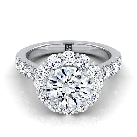Platinum Round Brilliant Diamond Luxe Style French Pave Halo Engagement Ring -1-1/10ctw