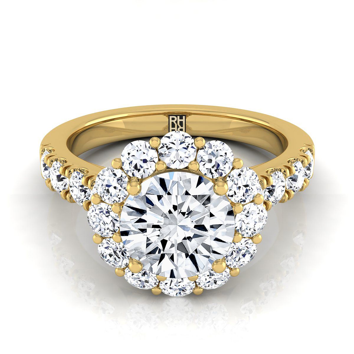 18K Yellow Gold Round Brilliant Diamond Luxe Style French Pave Halo Engagement Ring -1-1/10ctw
