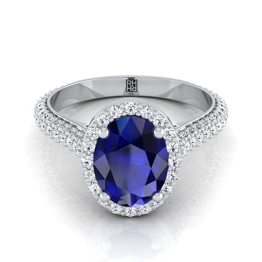 14K White Gold Oval Sapphire Micro-Pavé Halo With Pave Side Diamond Engagement Ring -7/8ctw