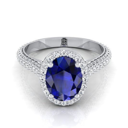 18K White Gold Oval Sapphire Micro-Pavé Halo With Pave Side Diamond Engagement Ring -7/8ctw