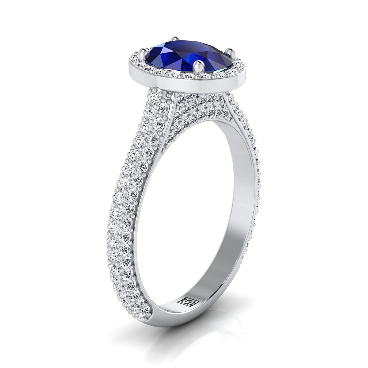 14K White Gold Oval Sapphire Micro-Pavé Halo With Pave Side Diamond Engagement Ring -7/8ctw