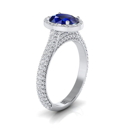 18K White Gold Oval Sapphire Micro-Pavé Halo With Pave Side Diamond Engagement Ring -7/8ctw