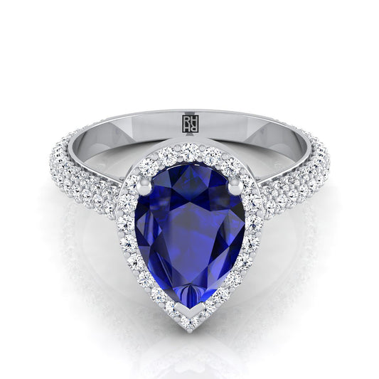 18K White Gold Pear Shape Center Sapphire Micro-Pavé Halo With Pave Side Diamond Engagement Ring -7/8ctw