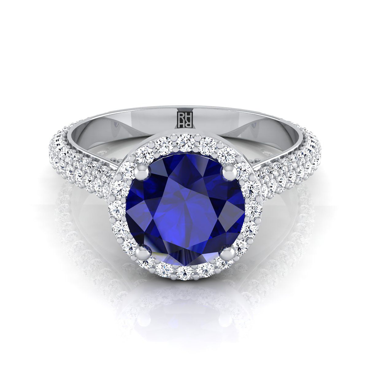 18K White Gold Round Brilliant Sapphire Micro-Pavé Halo With Pave Side Diamond Engagement Ring -7/8ctw