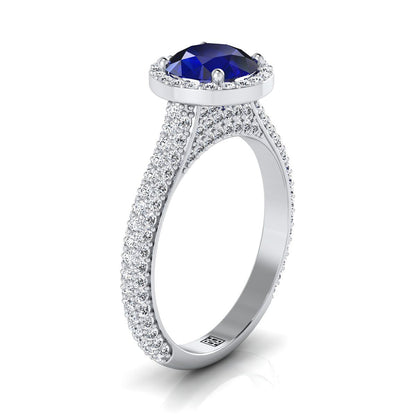 Platinum Round Brilliant Sapphire Micro-Pavé Halo With Pave Side Diamond Engagement Ring -7/8ctw