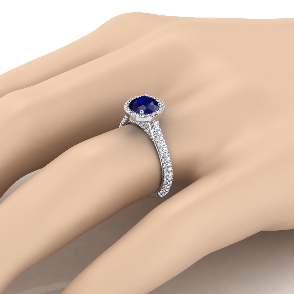 18K White Gold Round Brilliant Sapphire Micro-Pavé Halo With Pave Side Diamond Engagement Ring -7/8ctw