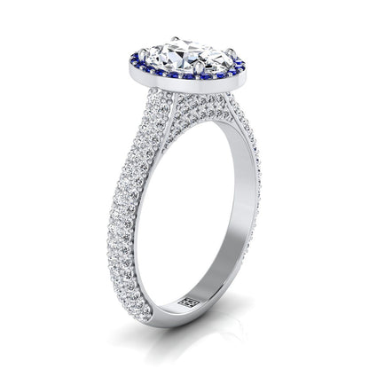 18K White Gold Oval  Micro-Pavé Halo With Pave Side Diamond Engagement Ring -7/8ctw