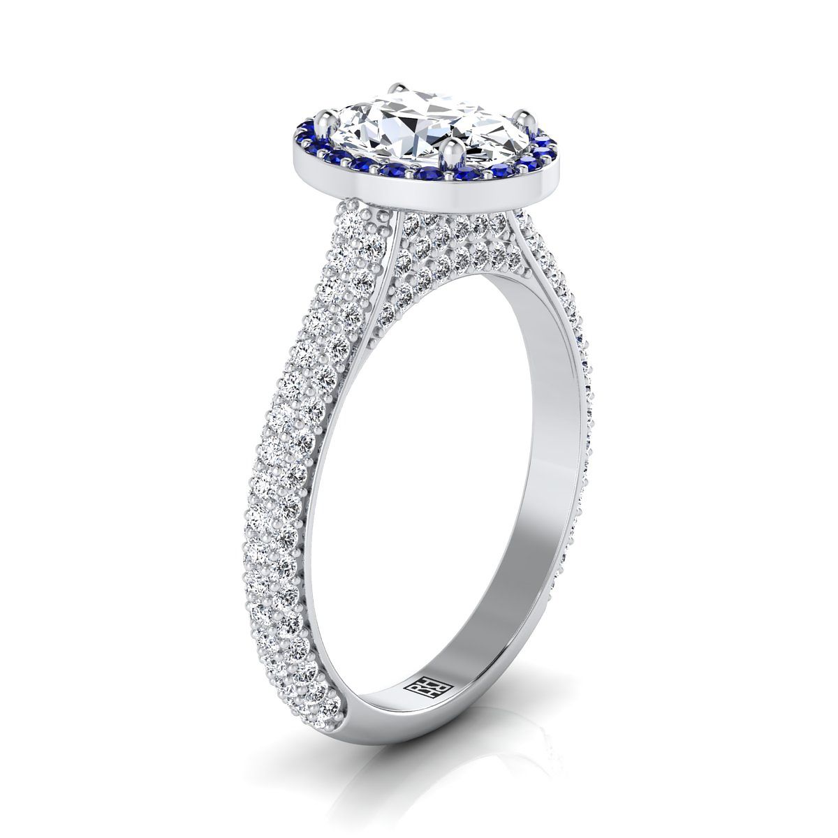 14K White Gold Oval  Micro-Pavé Halo With Pave Side Diamond Engagement Ring -7/8ctw