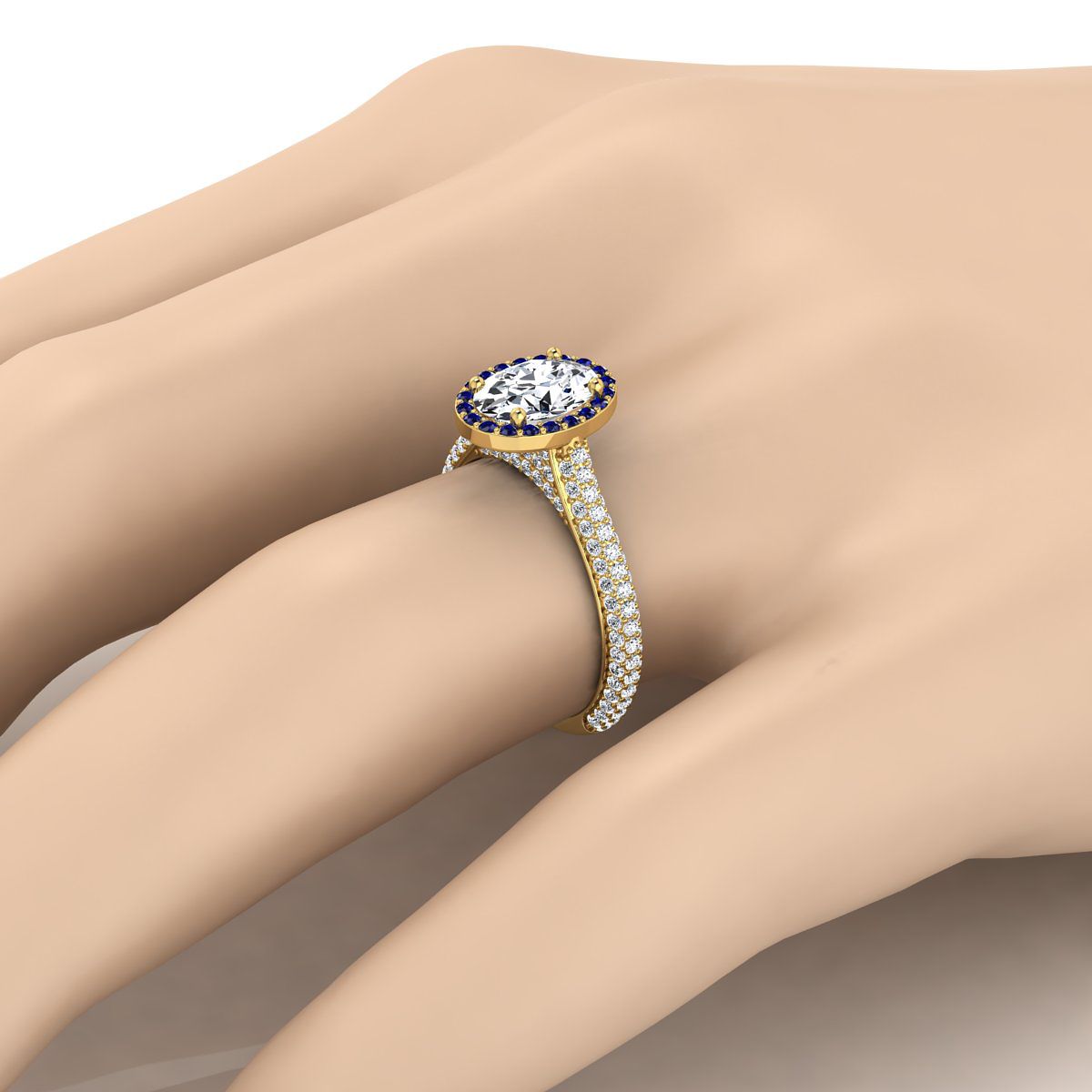 18K Yellow Gold Oval  Micro-Pavé Halo With Pave Side Diamond Engagement Ring -7/8ctw